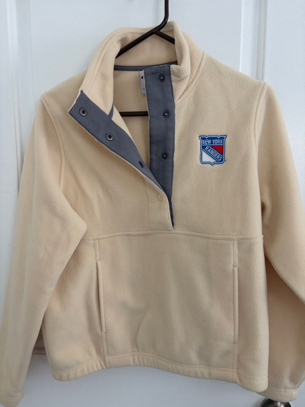 Champion Cream Pullover Fleece with Gray Snap Placket and New York Rangers Patch